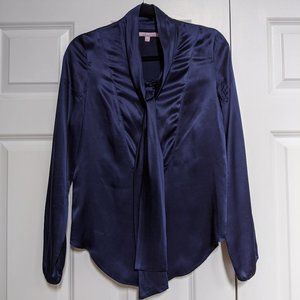 Calypso silk front tie blouse in navy, XS